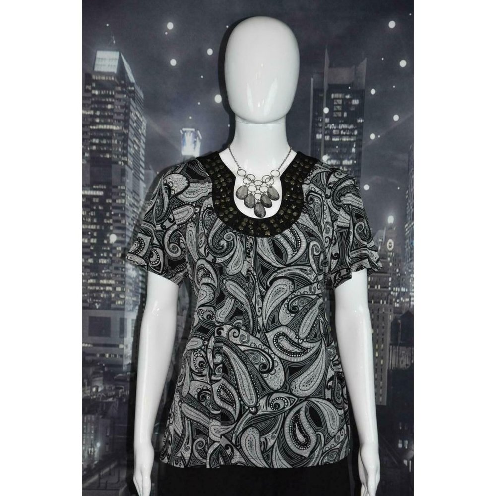 Apt.9 Petite Large Black and Gray Paisley Print Top with Beaded Neckline